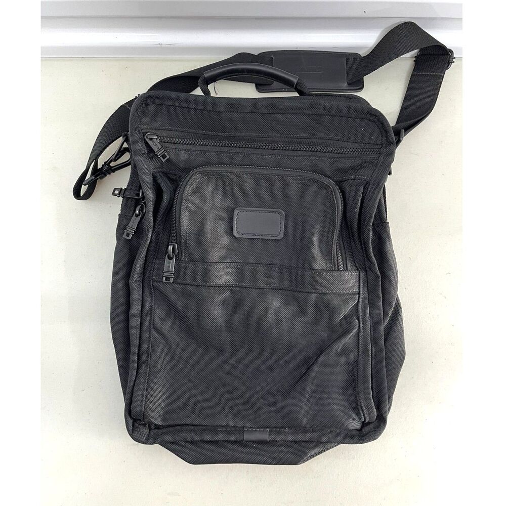 TUMI Crossbody Black Vertical Multi Pockets Canvas Messenger Bag - 12"x 15"
